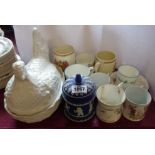 A Wedgwood blue Jasper dip lidded pot (a/f), a Portmeirion hen nest and assorted Commemorative