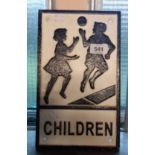 A modern painted cast iron Children warning sign