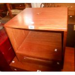 A 46cm retro G Plan "Fresco" teak and mixed wood bedside unit with recess and drawer under, set on