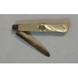 A silver fruit knife with mother-of-pearl clad handle - blade worn, initials to cartouche