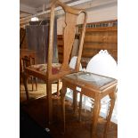 An oak framed dining chair with upholstered drop-in seat - sold with a small tea table with inset