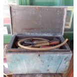 A small old painted pine toolbox with lift-out tray containing a quantity of tools