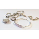 A small quantity of silver and white metal jewellery including two rope-link chains, an oval locket,