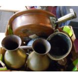 A box containing a quantity of assorted metalware including antique brass muller, pair of brass