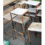 Ten vintage school stools with metal tubular frame construction and wooden seat - weathered