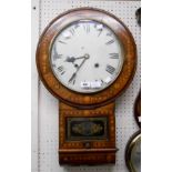 *A Victorian inlaid walnut cased drop-dial wall clock with visible pendulum and bell striking