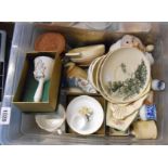 A crate containing a quantity of ceramic and glass items including Wedgwood fallow deer egg cup,