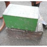 A small painted pine trunk with lift-out tray and metal handles - sold with a larger similar