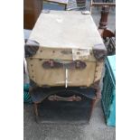 An old Premier brand waxed canvas suitcase trunk with leather strapping, corners, etc. - sold with