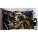 A box containing a quantity of assorted metalware including shoe lasts, flat irons, large