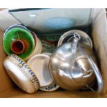 A box containing decorative china including Bridgewater pottery bowl, range kettle and glass dishes,