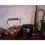 A Victorian copper kettle, an old brass bugle and an antique beaten copper measure