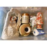 A box containing a quantity of assorted ceramic items including Staffordshire figure, George Jones