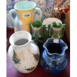 Six vases including large Art Deco three handled artware, H.J. Wood hand painted, pair of Eichwald