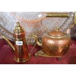 An old copper and brass kettle with hammered finish - sold with a later Belgian brass coffee pot and