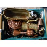 A crate containing a large quantity of metalware including Eastern pots, copper measures, pans,