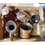 A box containing a quantity of assorted metalware including Victorian copper kettle, large copper
