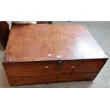 A 92cm old stained pine lift-top trunk with material lined interior and later laminated wood top and