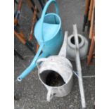 Two galvanised and one plastic garden watering cans