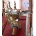 Two old brass Turkish coffee pots - sold with a copper and brass milk warmer