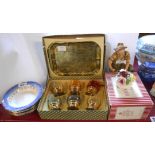 A boxed set of vintage coloured glasses with brass tray, two Royal Doulton flower encrusted