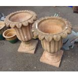 A pair of large concrete pedestal planters of acanthus urn form with terracotta finish