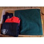 A box containing a quantity of Morgan Sports Car Club related items including sweatshirts, throws,