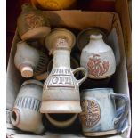 A box containing a quantity of Tremar pottery including mugs, storage jars, cruet, vases, etc.