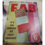 A large modern printed tin sign advertising 'Fab' ice lollies