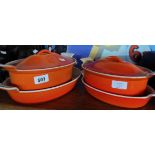 Two French cast iron and enamel oven to table casserole dishes by Cousances - sold with two