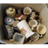 A box containing a quantity of assorted ceramic items including commemorative mugs, Chinese