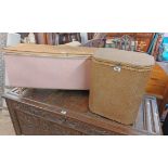 A 37cm vintage Sirrom loom style laundry basket with linen contents and original gilt finish -