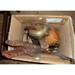 A box containing a quantity of assorted collectable items including studded bellows, biscuit barrel,
