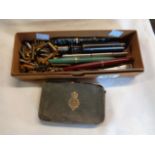 A box containing a small quantity of collectable items including Conway Stewart 84 fountain pen,