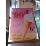 A large modern printed tin sign advertising the '99' ice cream