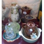 A quantity of assorted ceramic and glass items including Dartington commemorative tankards, Denby