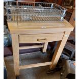A 70cm modern blonde wood tray top butcher's block with drawer and two metal wire shelves under, set