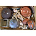 A box containing a quantity of studio ceramics including casseroles, vases, figurines, etc.