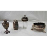 Four assorted silver condiments including Georgian salt and barrel pattern pepperette - various