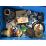 A crate containing a quantity of assorted ceramic and other collectable items including framed