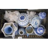 A crate containing a quantity of assorted ceramic items comprising modern Chinese blue and white
