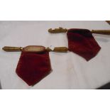 A pair of Edwardian church offertory pouches, each with turned wood double handle and velvet