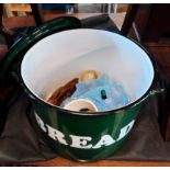 A late 20th Century heavy enamel bread bin of green colourway with white lettering containing a