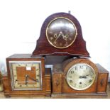 Three mantel clocks Three vintage oak cased mantle clocks comprising two with eight day chiming