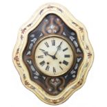An antique French vineyard wall clock with painted border and mother-of-pearl inlaid decoration,