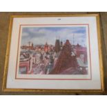 Celestino Piatti: a gilt framed signed limited edition coloured print, depicting urban rooftops -