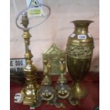 A quantity of old brassware comprising candlestick form table lamp, antique brass fronted money
