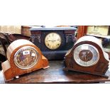 Two vintage oak cased Napoleon hat mantel clocks - sold with a simulated black slate cased similar