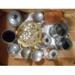 A box containing a quantity of assorted pewter and other metal items including mugs, tobacco box