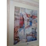 Margaret Lynn: a white framed collage picture entitled 'Bruges in Winter' - signed and with label